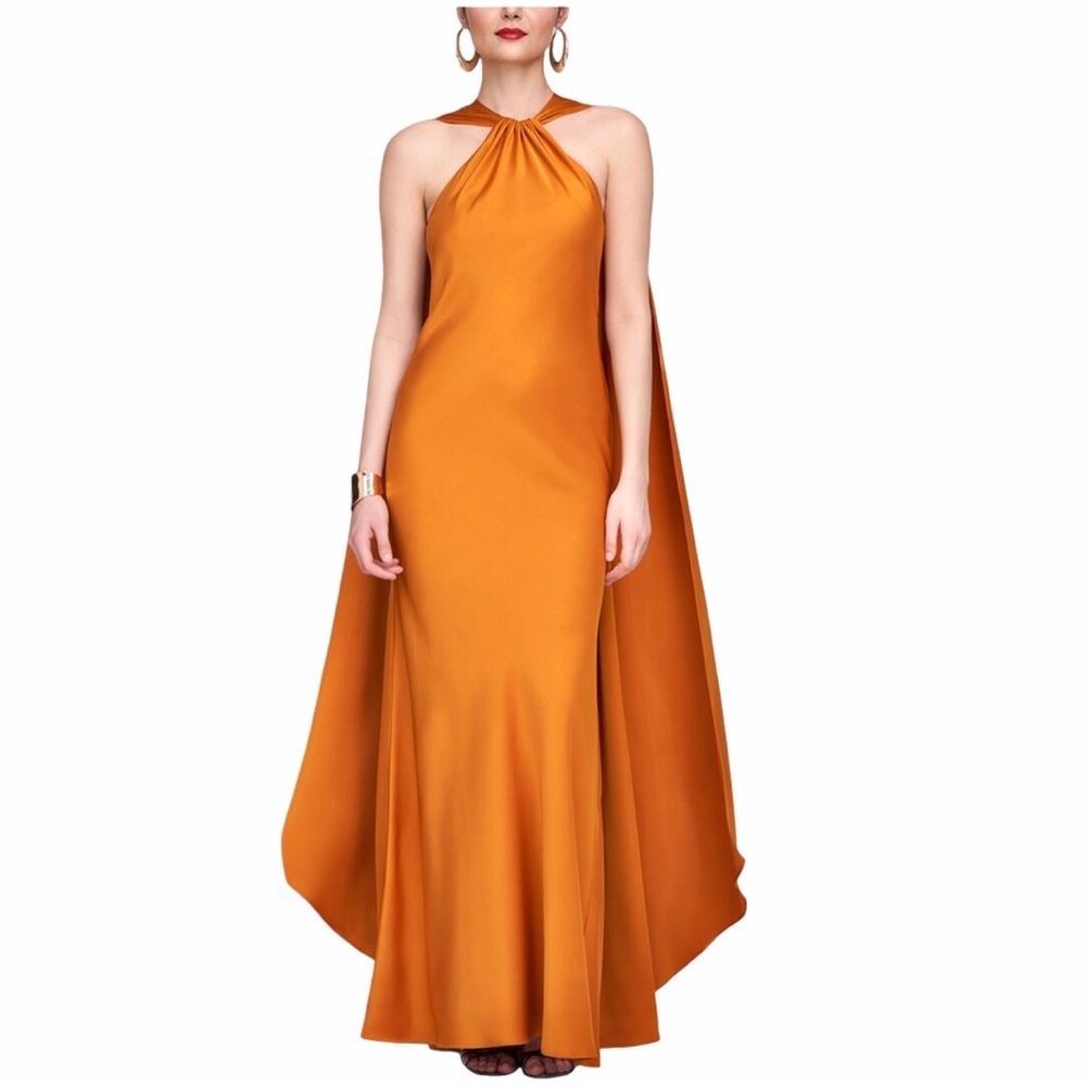 NEW Halston Heritage Satin Reta Cape Maxi Dress Gown Sz 2 - Picture 2 of 11